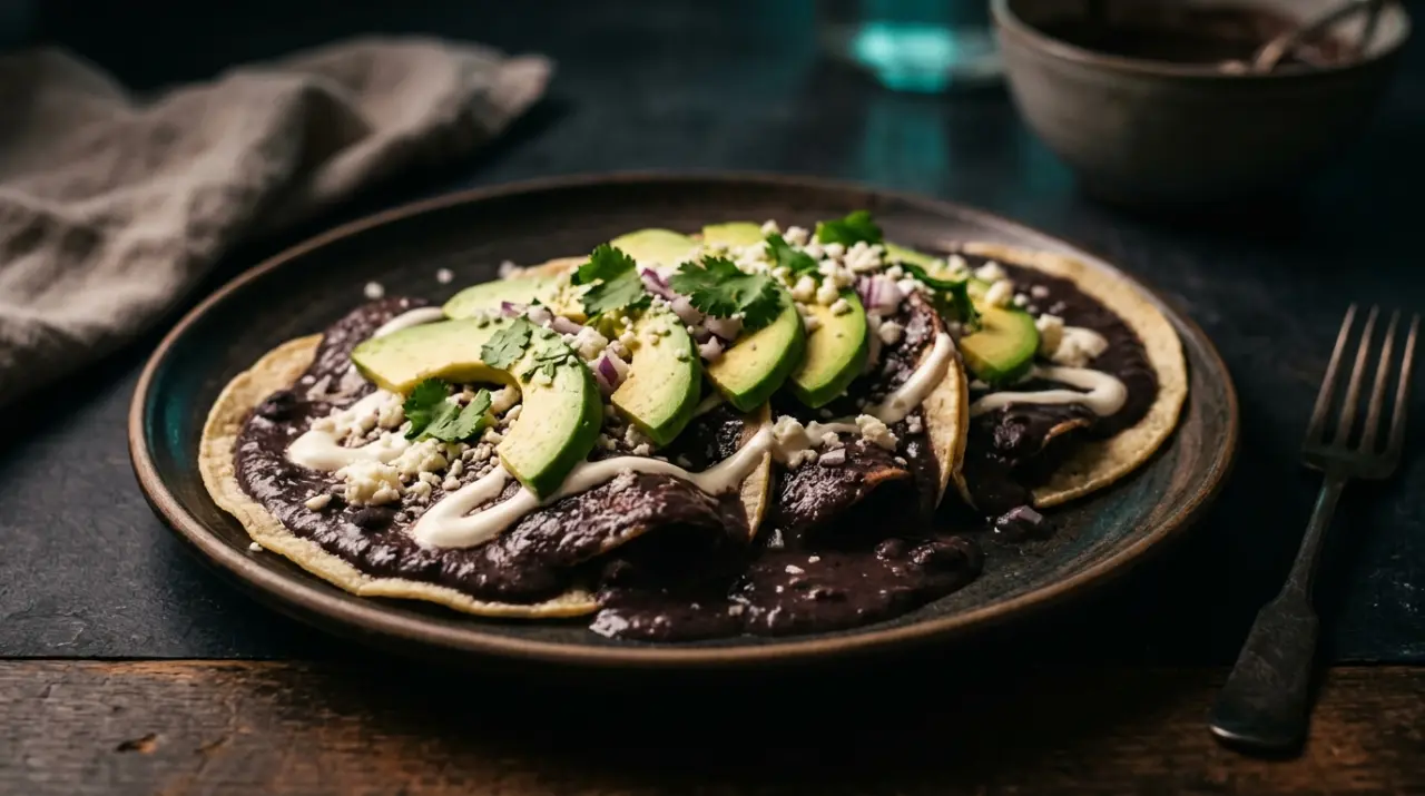 Enfrijoladas cubiertas de salsa cremosa de frijol negro con crema y aguacate