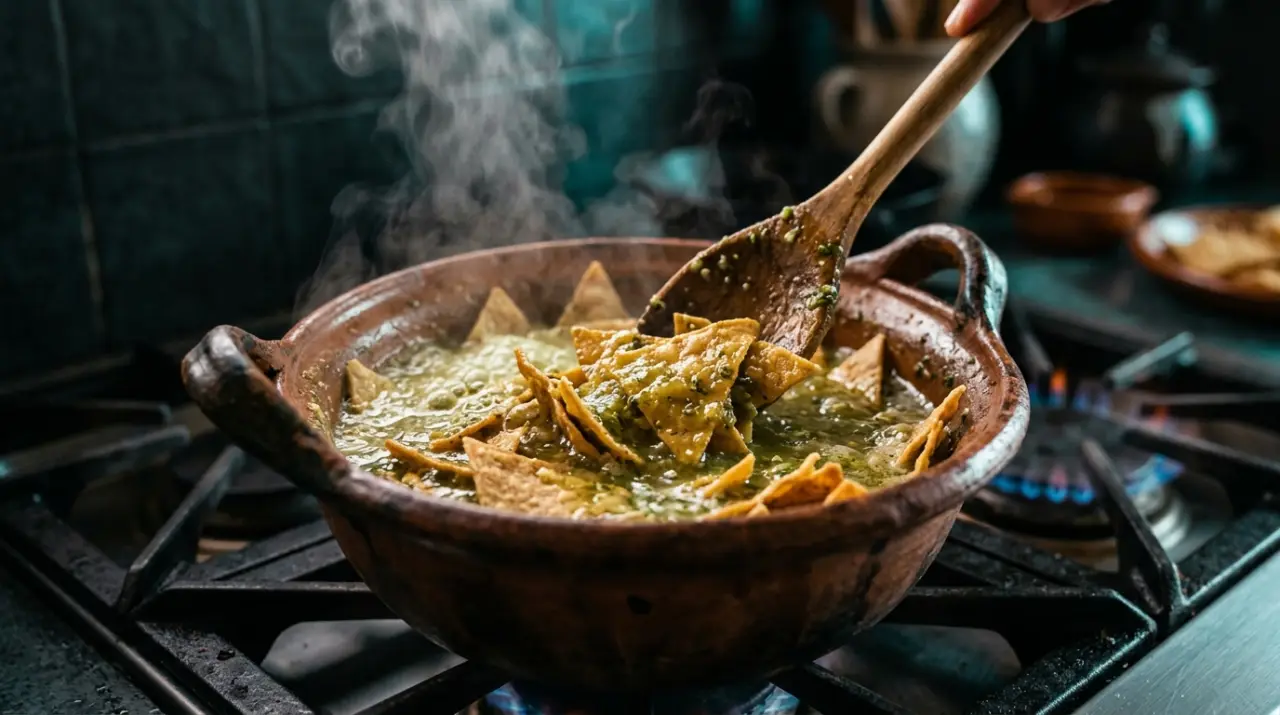 Totopos bañándose en salsa verde de tomatillo dentro de una cazuela de barro