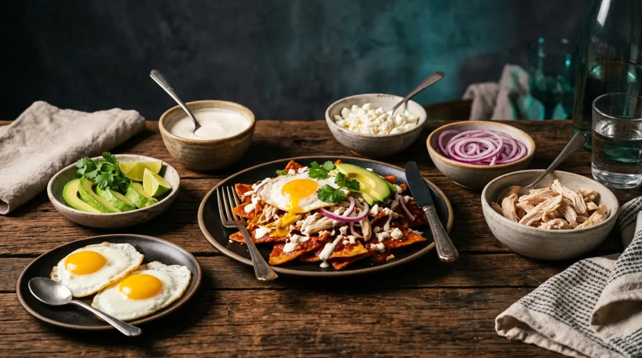 Chilaquiles terminados rodeados de crema, queso fresco, cebolla morada y huevo