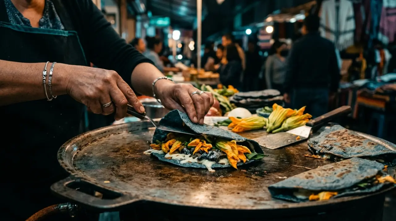 Quesadillas de maíz azul con flor de calabaza y huitlacoche doblándose en el comal