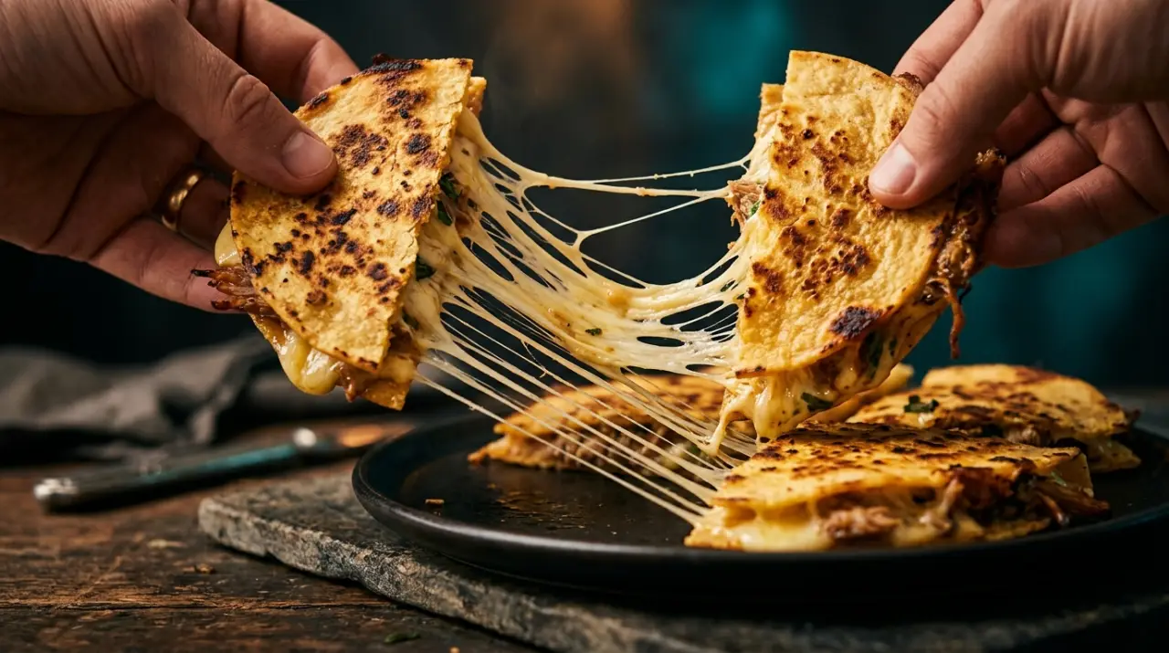 Quesadilla abriéndose con hilos de queso Oaxaca fundido estirándose