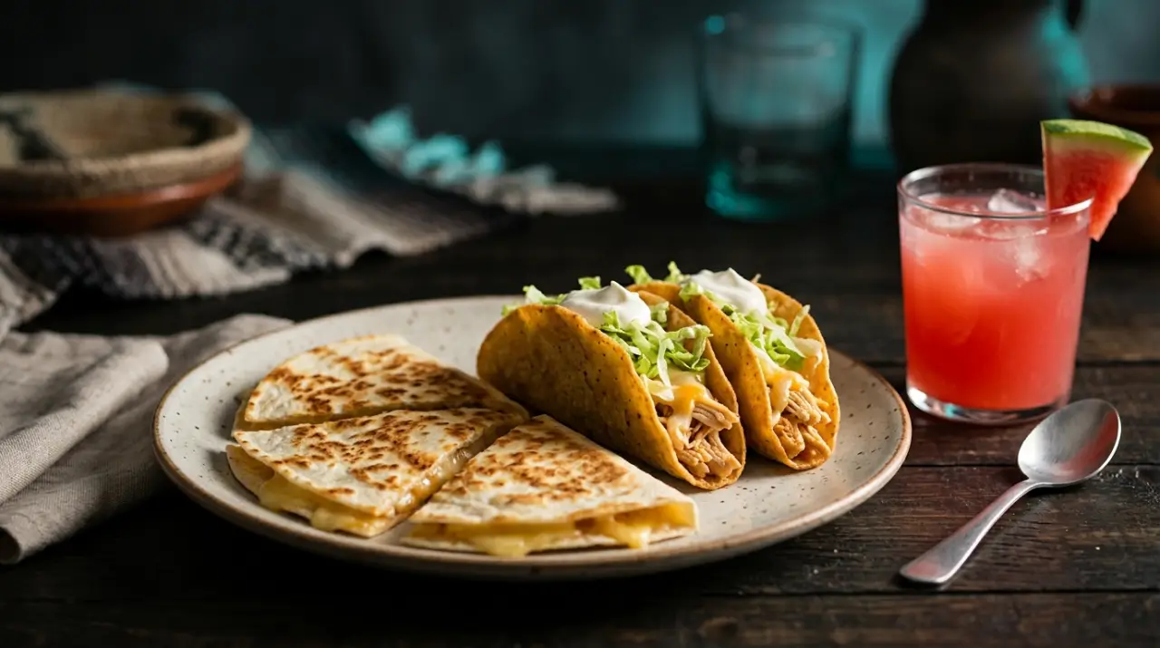 Plato infantil mexicano: quesadilla en triángulos y tacos dorados sin picante