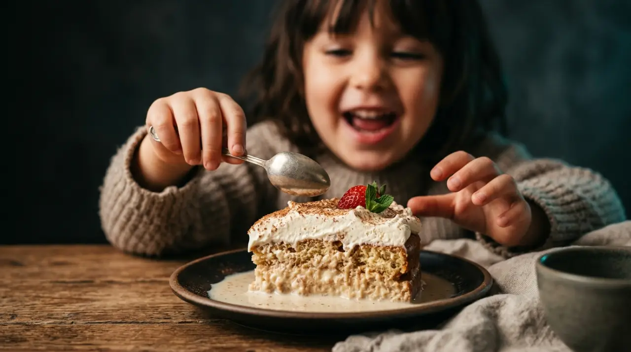 Manos de niño alcanzando un pastel tres leches con cuchara