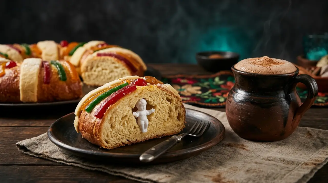 Rebanada de rosca de reyes con el muñequito visible junto a chocolate caliente