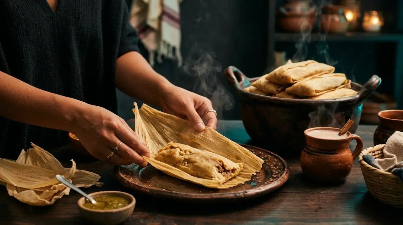 Manos abriendo un tamal humeante en hoja de maíz con atole en taza de barro