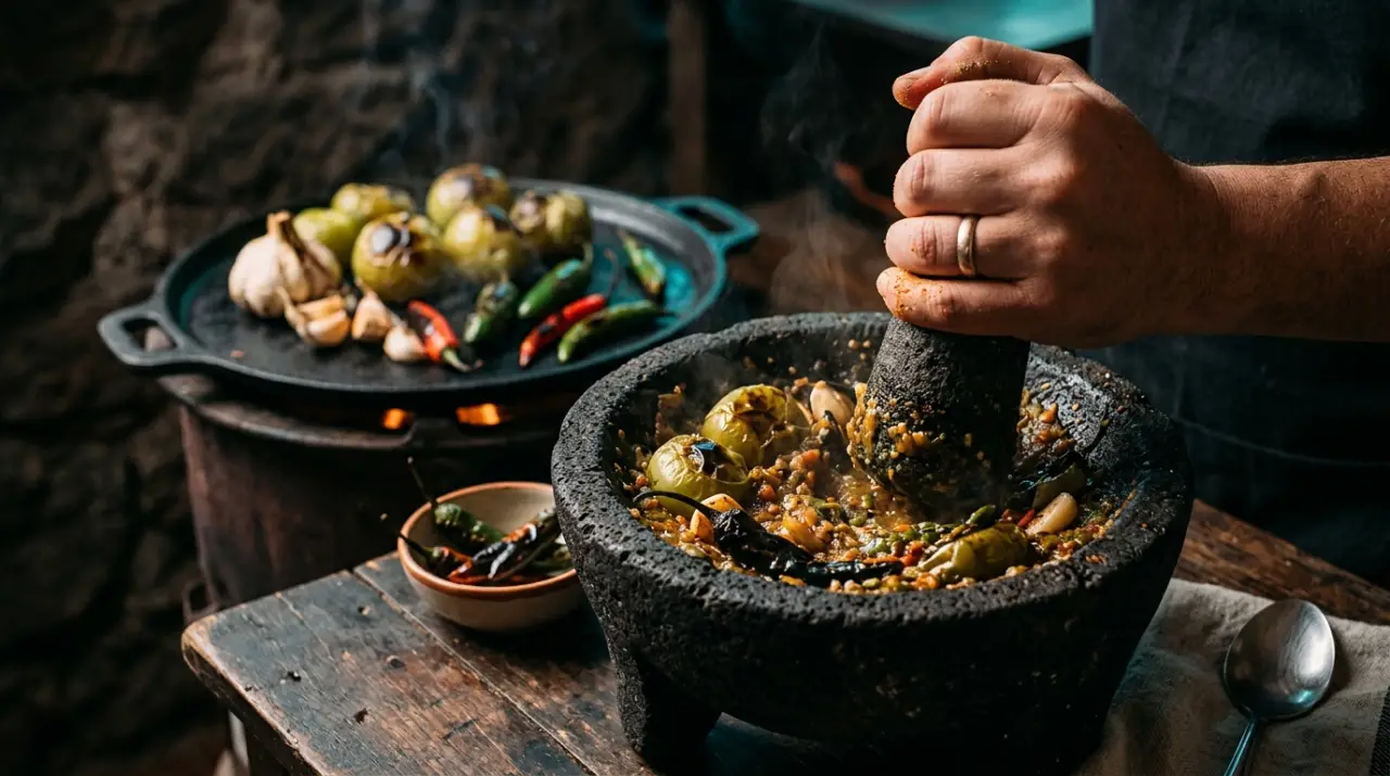 Tomatillos y chiles asados moliéndose en un molcajete de piedra volcánica