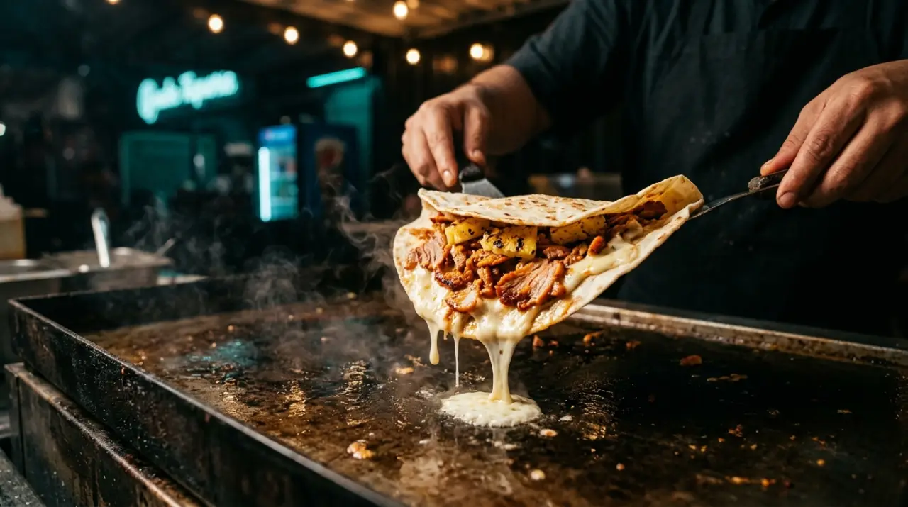 Gringa en la plancha con queso fundido derramándose y pastor con piña