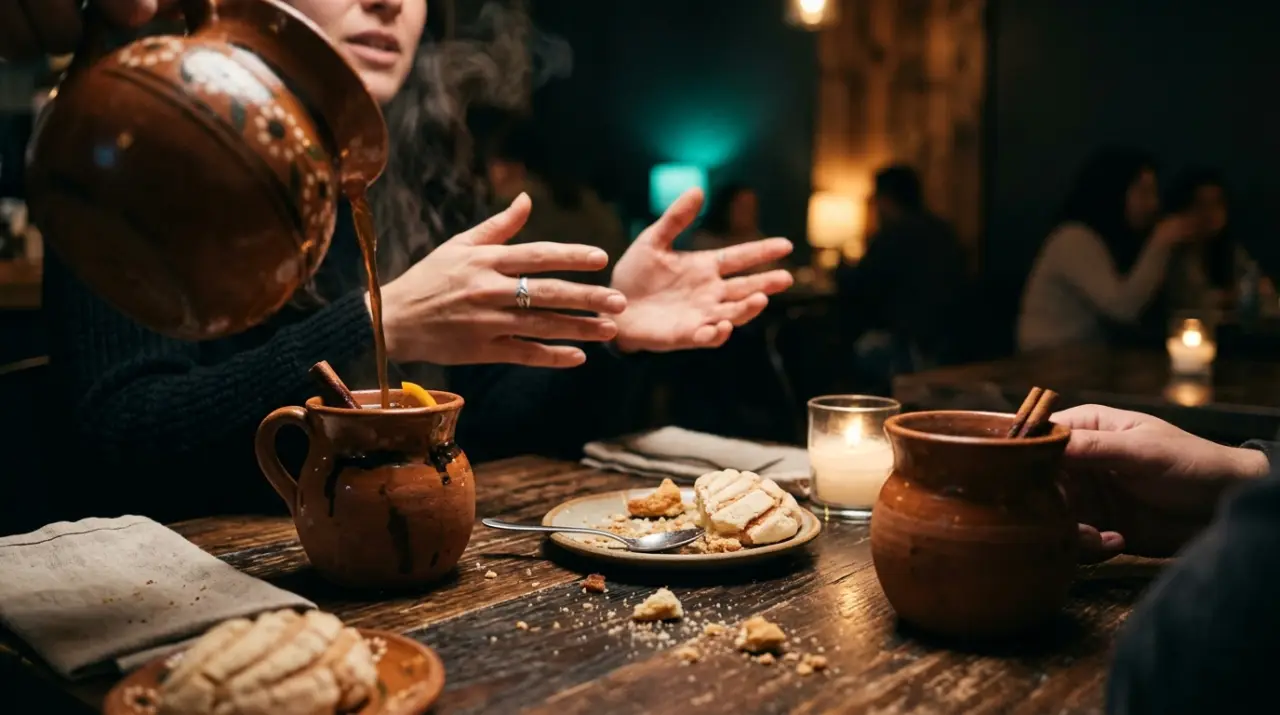 Café de olla rellenándose en tazas de barro durante una conversación de sobremesa