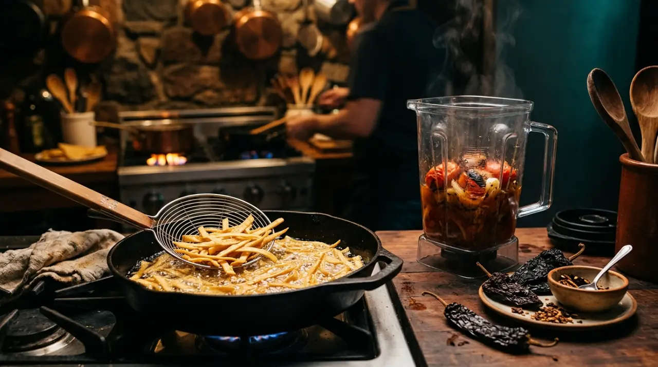 Preparación de sopa de tortilla: tiras friéndose y caldo de jitomate asado