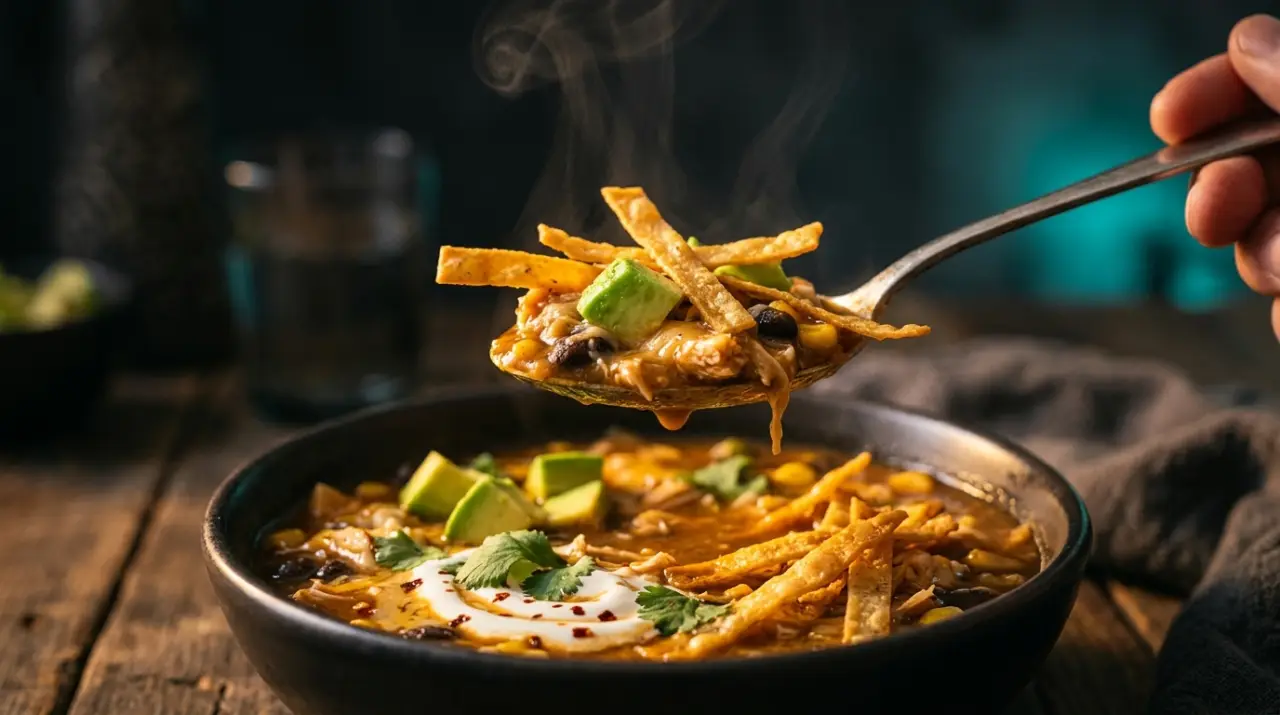 Cuchara alzando sopa de tortilla con aguacate, crema y tiras crujientes
