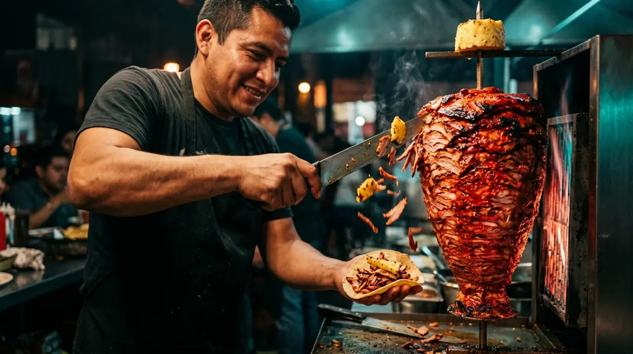 Taquero cortando láminas del trompo de pastor directamente sobre una tortilla de maíz