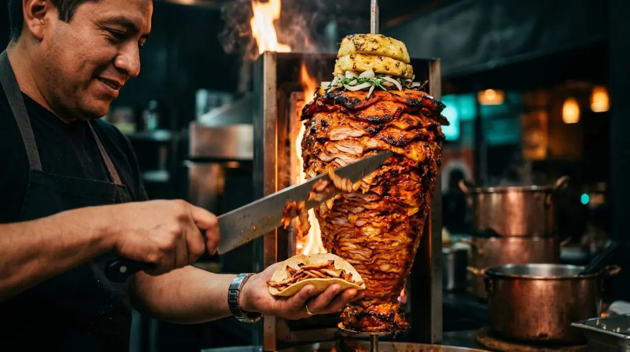 Trompo de pastor girando al fuego con piña mientras el taquero corta la carne
