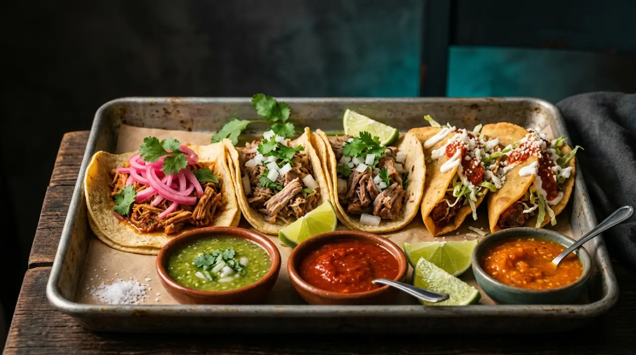 Bandeja con tacos variados de cochinita, carnitas y dorados con tres salsas