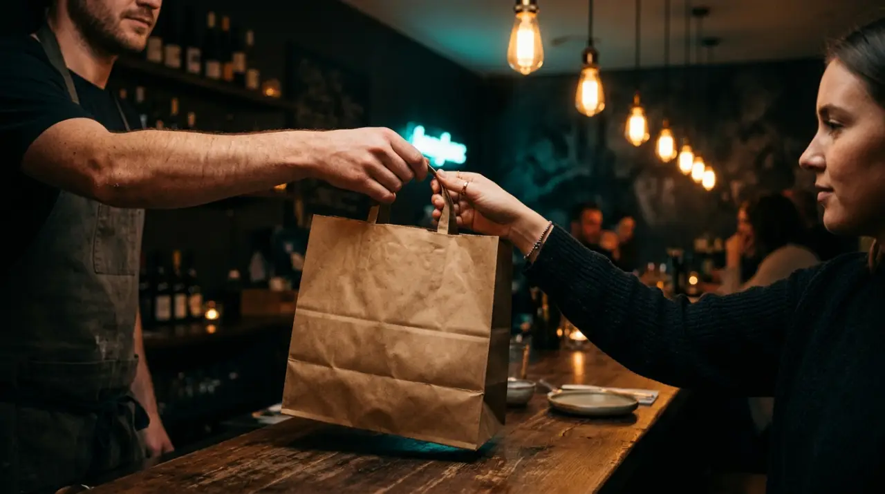 Manos recibiendo una bolsa de papel kraft con comida para llevar en el mostrador