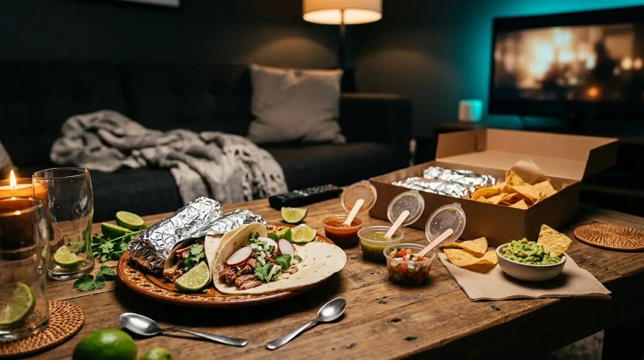 Festín mexicano para llevar abierto en casa sobre la mesa del salón