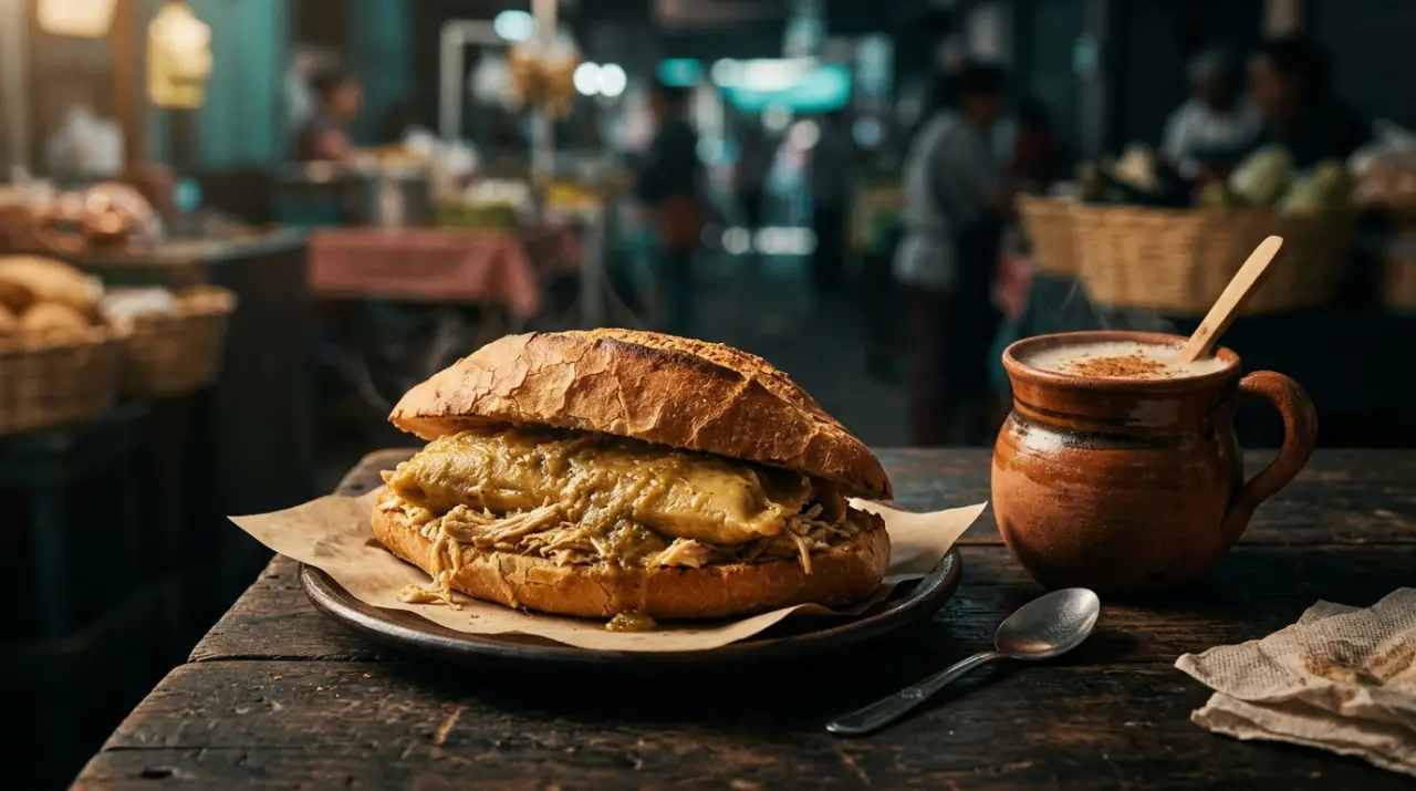 Guajolota, torta de tamal dentro de un bolillo, junto a un vaso de atole
