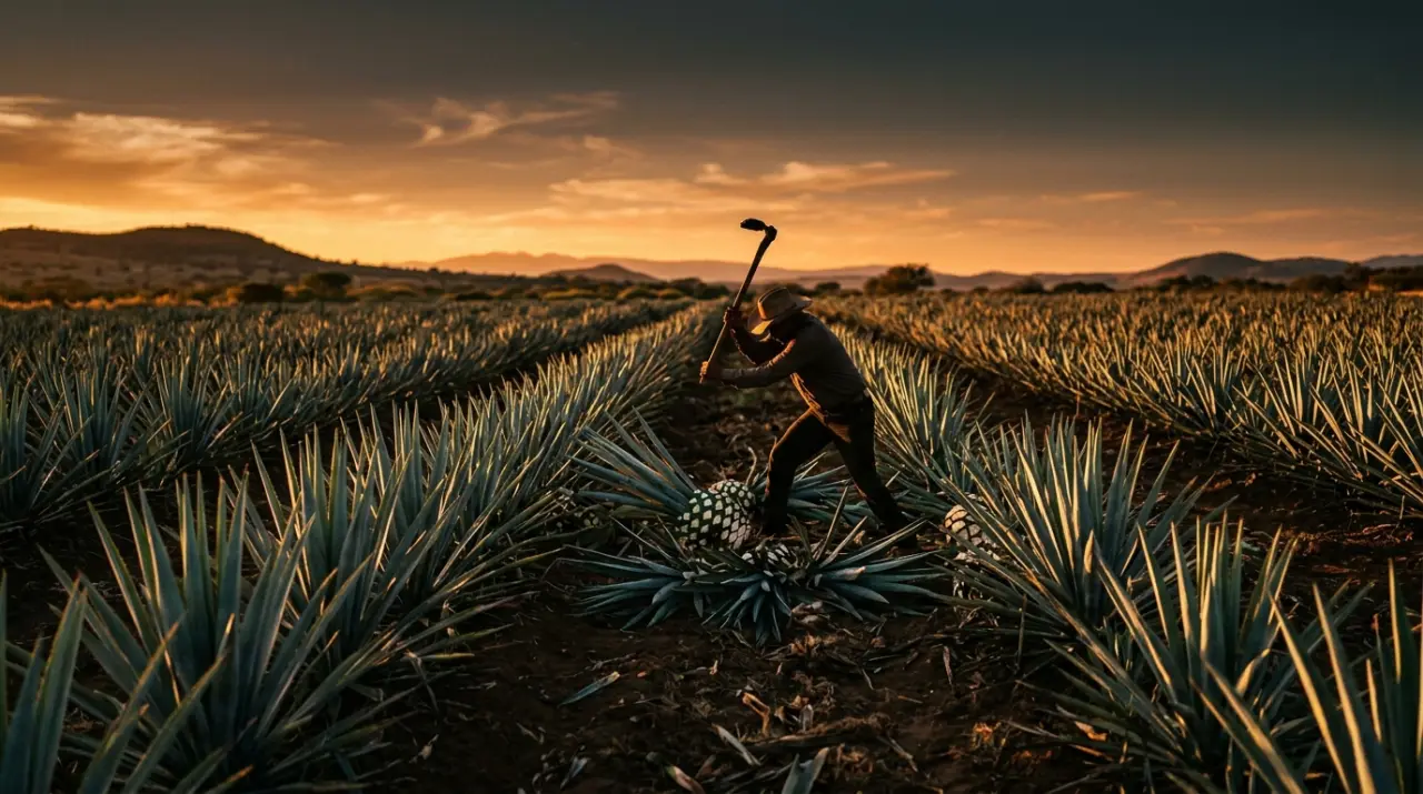 Campo de agave azul al atardecer con un jimador cortando una piña