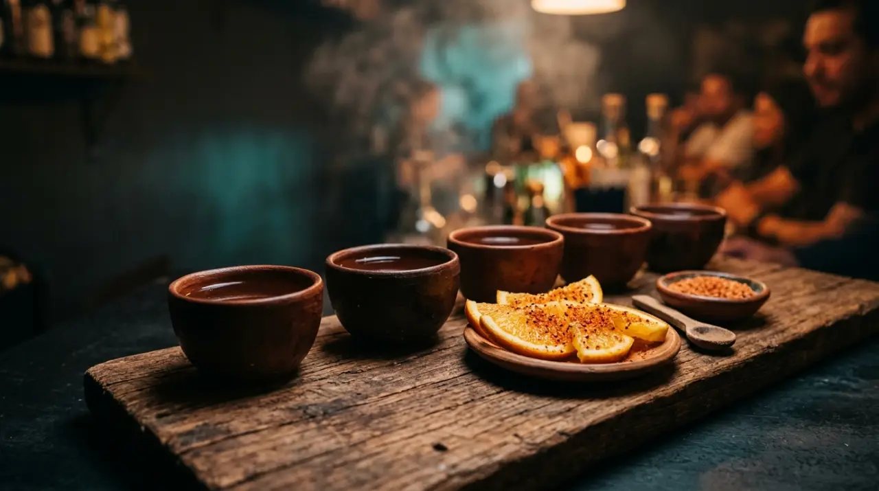 Copitas de barro con mezcal, naranja con sal de gusano sobre tabla de madera