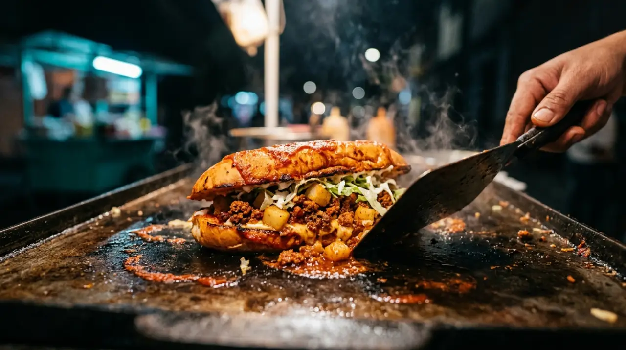 Pambazo bañado en salsa de guajillo dorándose relleno de papa con chorizo