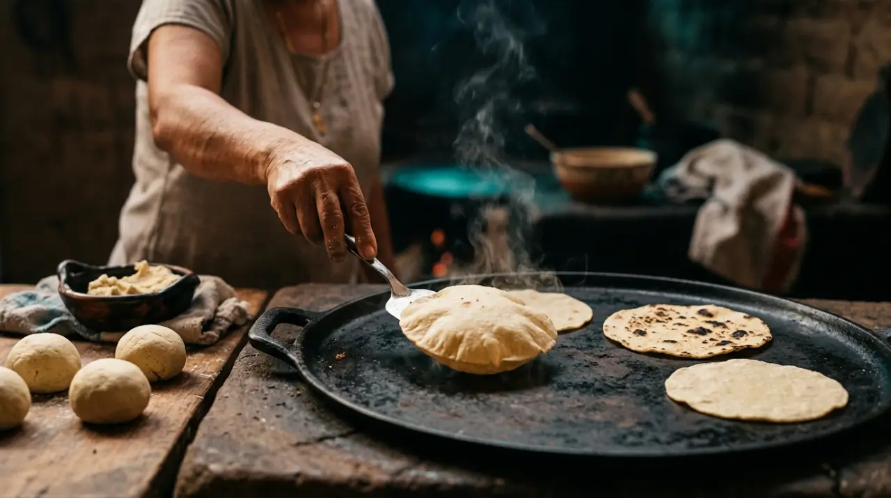 Tortillas de maíz cociéndose en el comal, una inflándose al vapor