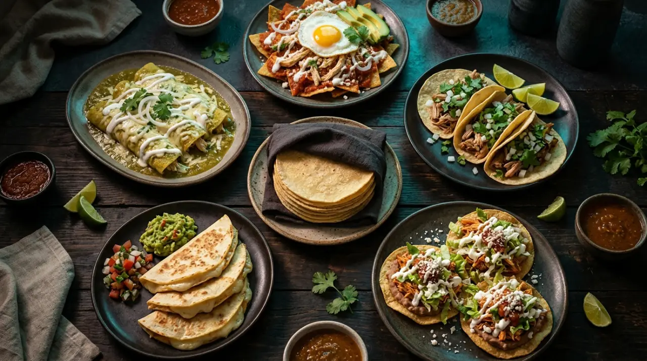 Mesa con tacos, quesadillas, chilaquiles y tostadas hechos con tortilla de maíz