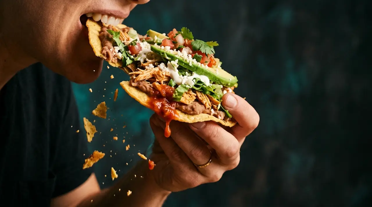 Mano sosteniendo una tostada cargada en el momento del primer mordisco crujiente