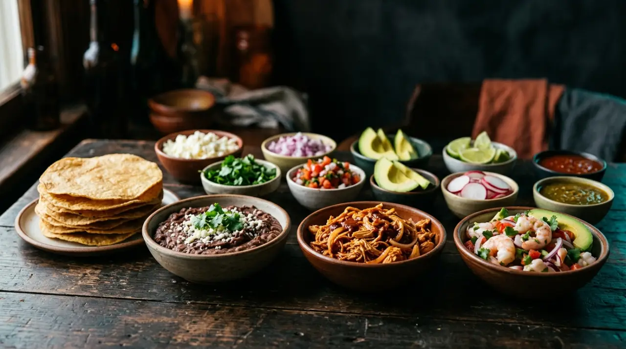 Barra de tostadas con tortillas crujientes y cuencos de tinga, frijol y ceviche